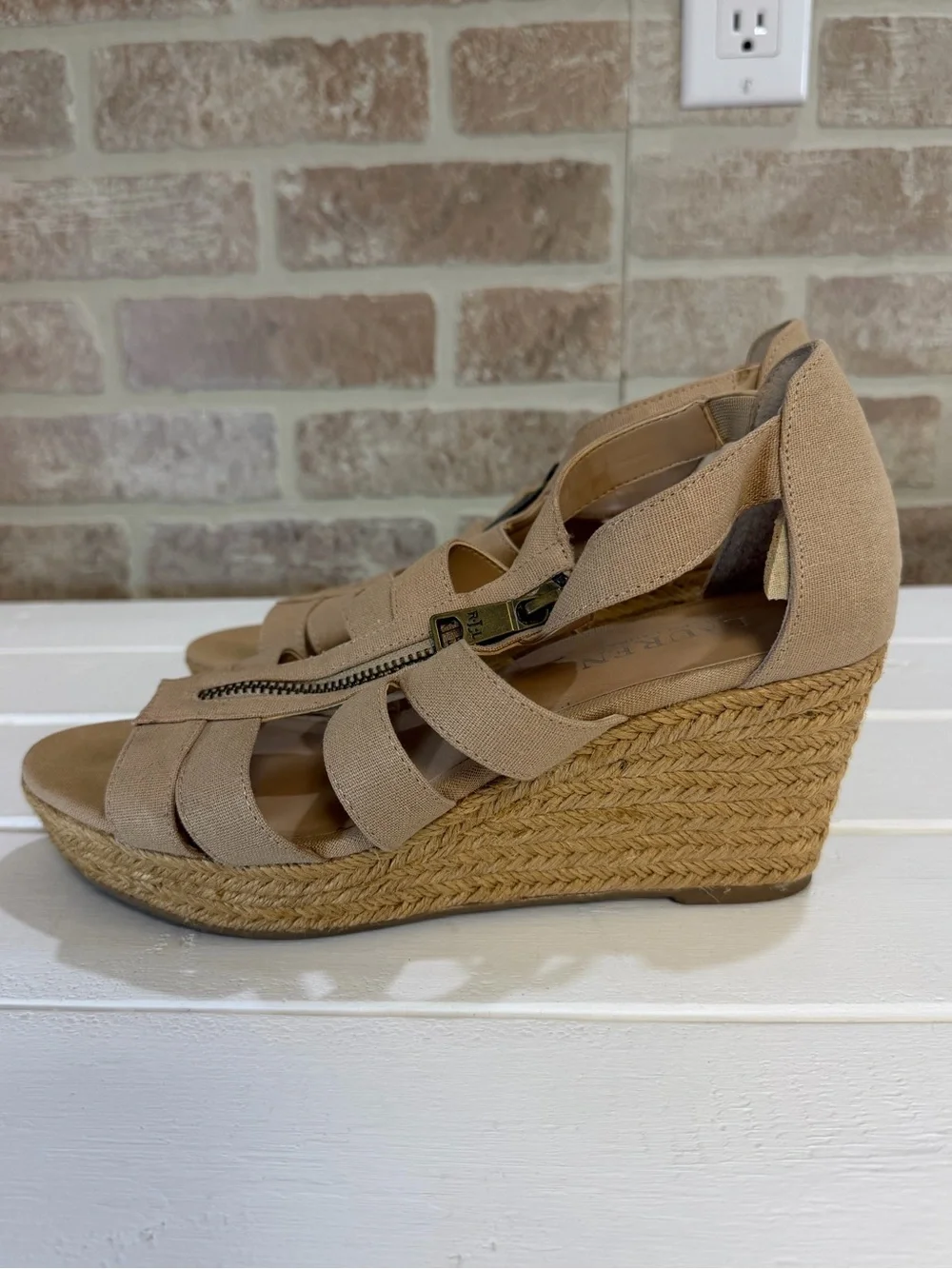 Lauren Ralph Lauren Kelcie Espadrille Wedge Sandals Beige Linen Zip Front SZ 8B